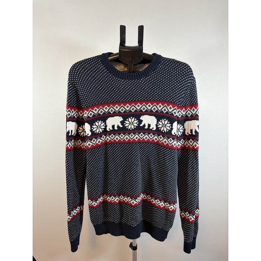 Aspen Mens Large Polar Bear Snow Fair Isle Blue Long Sleeve Sweater Cotton Crew - Picture 1 of 8